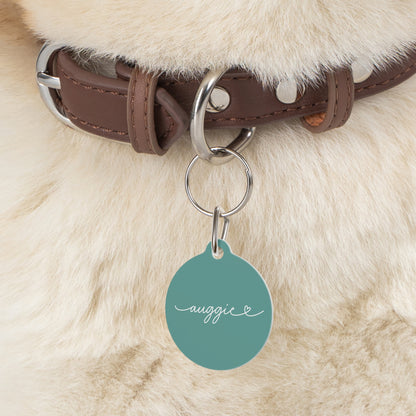 Jade green personalized pet tag on a brown collar against fluffy cream dog fur