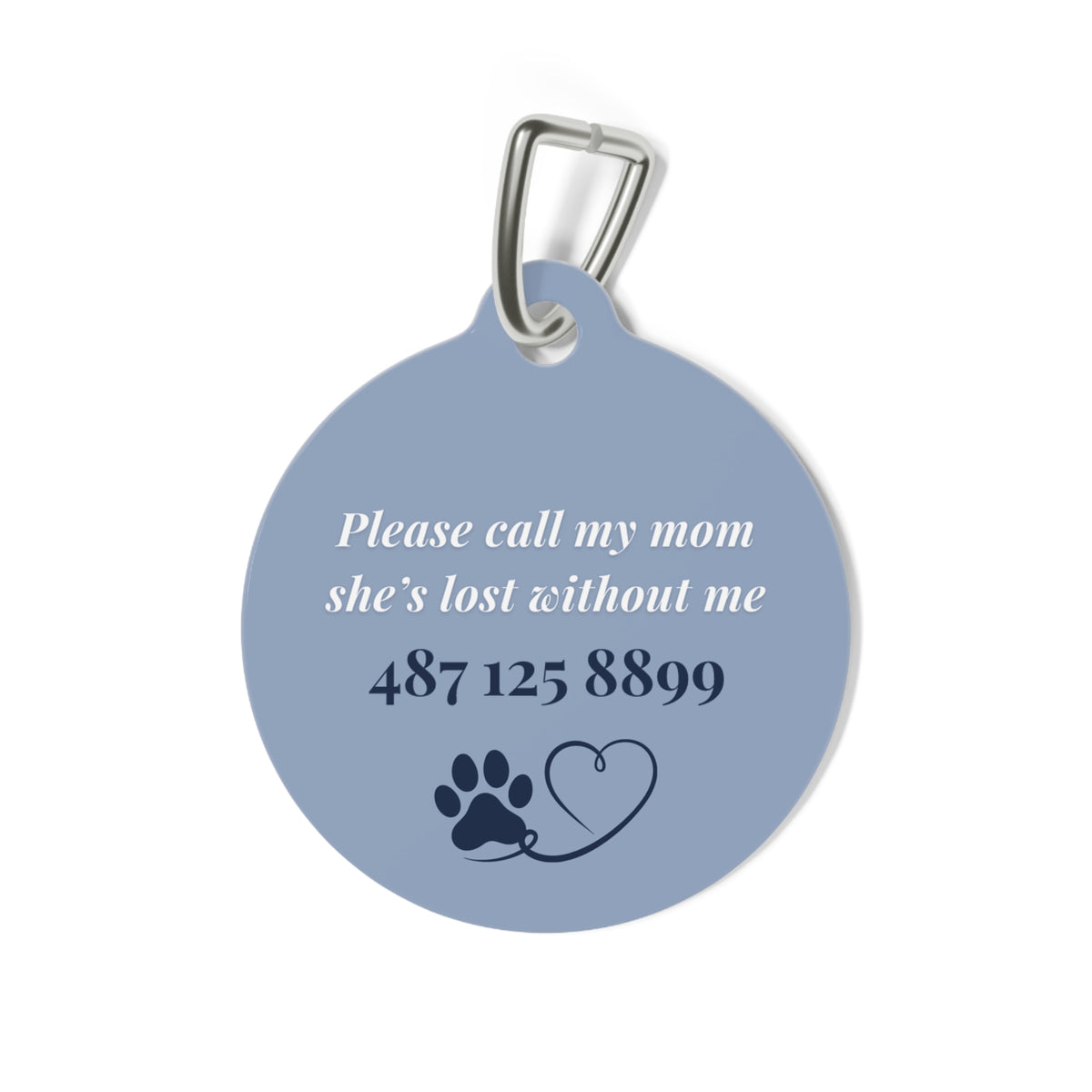 Back of the lavender heart pet tag with phone number and paw heart