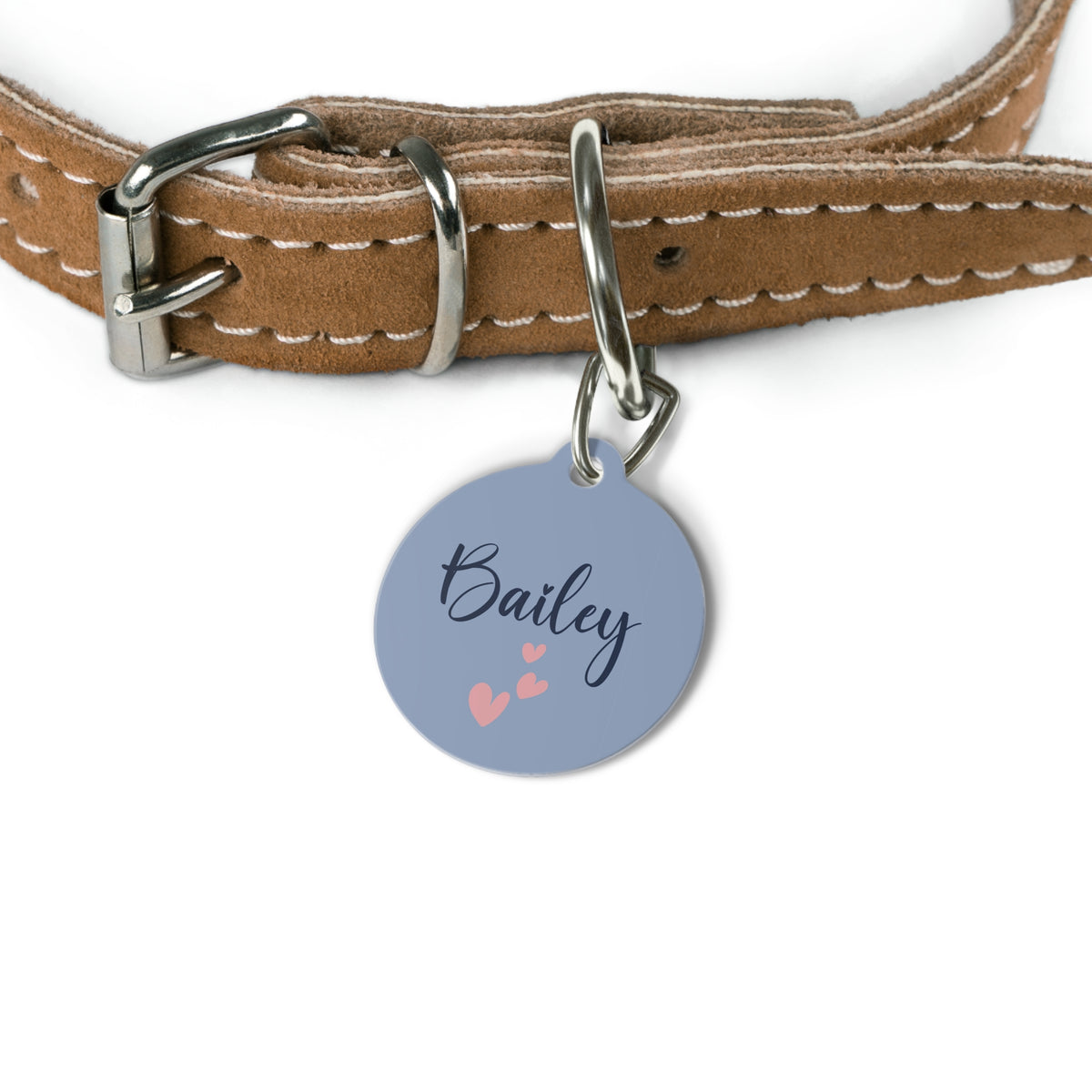 Lavender heart pet tag on a tan leather collar