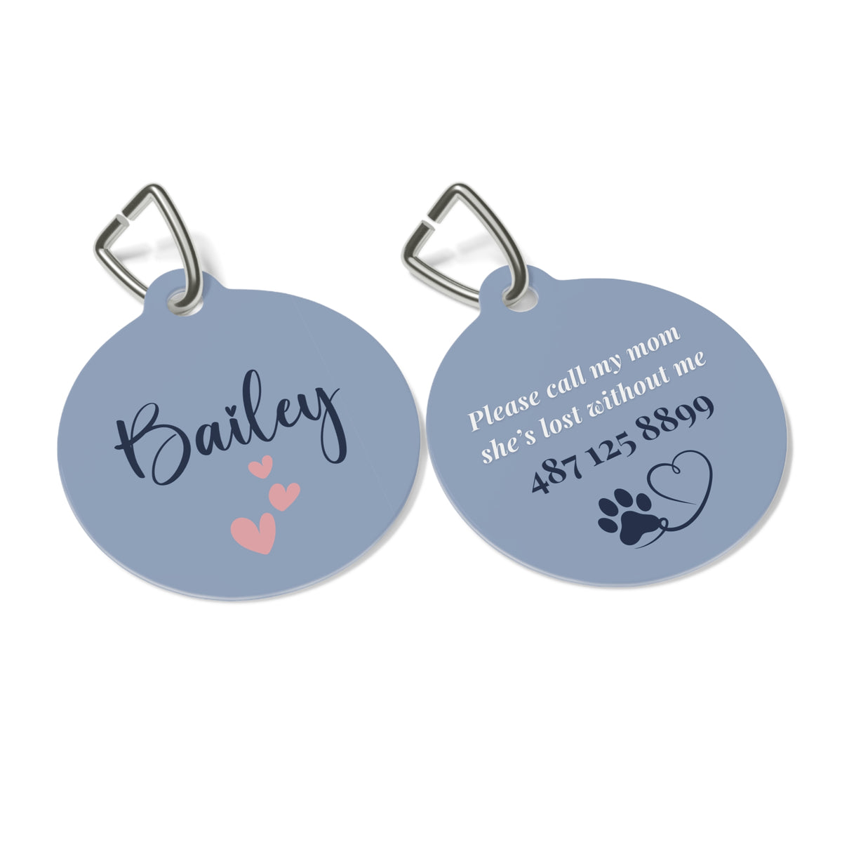 Front and back of the lavender heart personalized pet tag with engraved contact details
