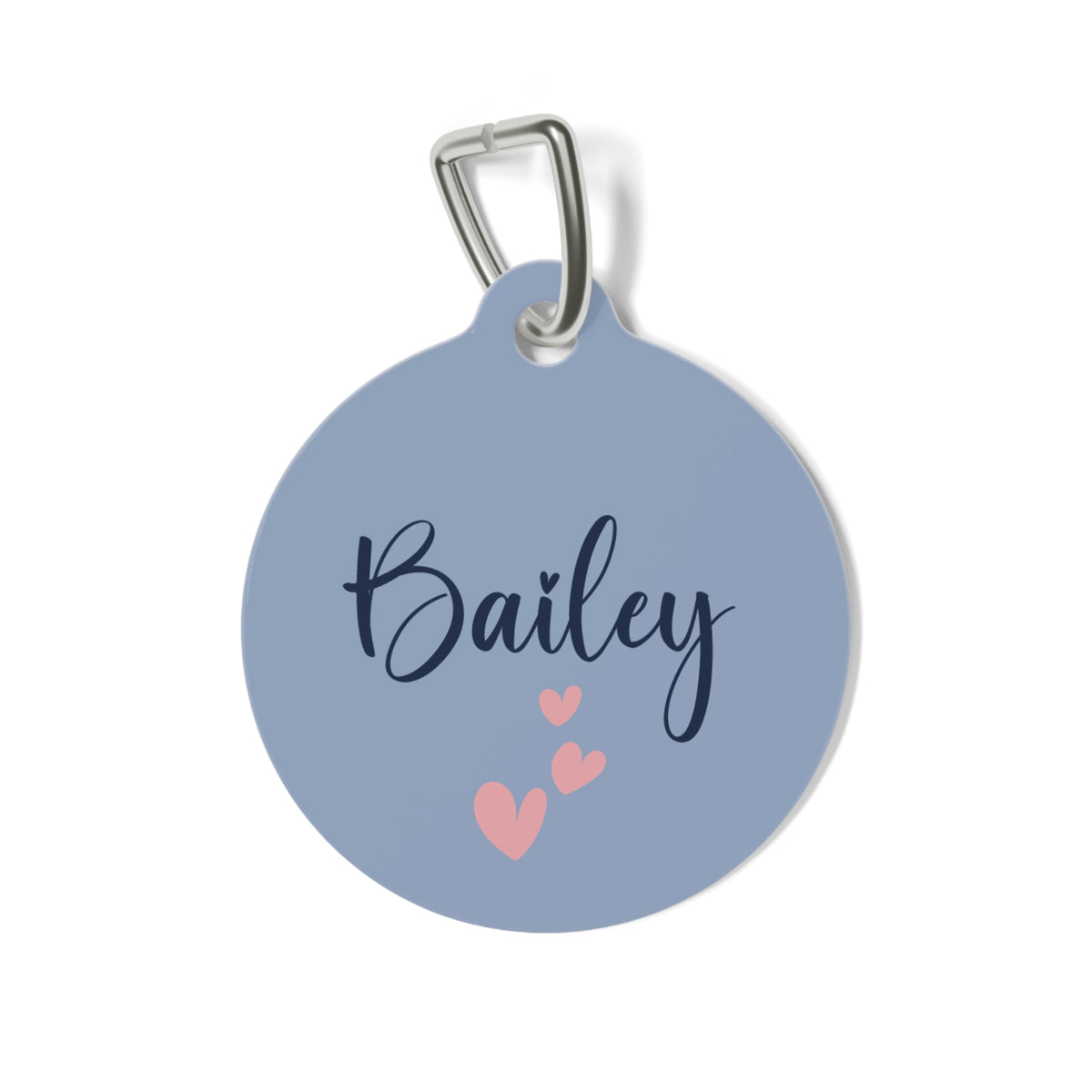 Lavender heart personalized pet tag with the name Bailey in black script and small pink hearts