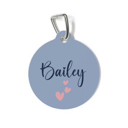 Lavender heart personalized pet tag with the name Bailey in black script and small pink hearts