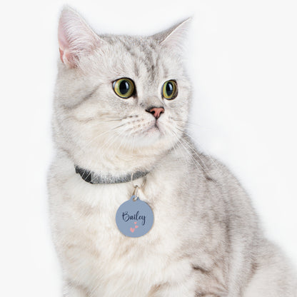 Cat wearing the lavender heart personalized pet tag