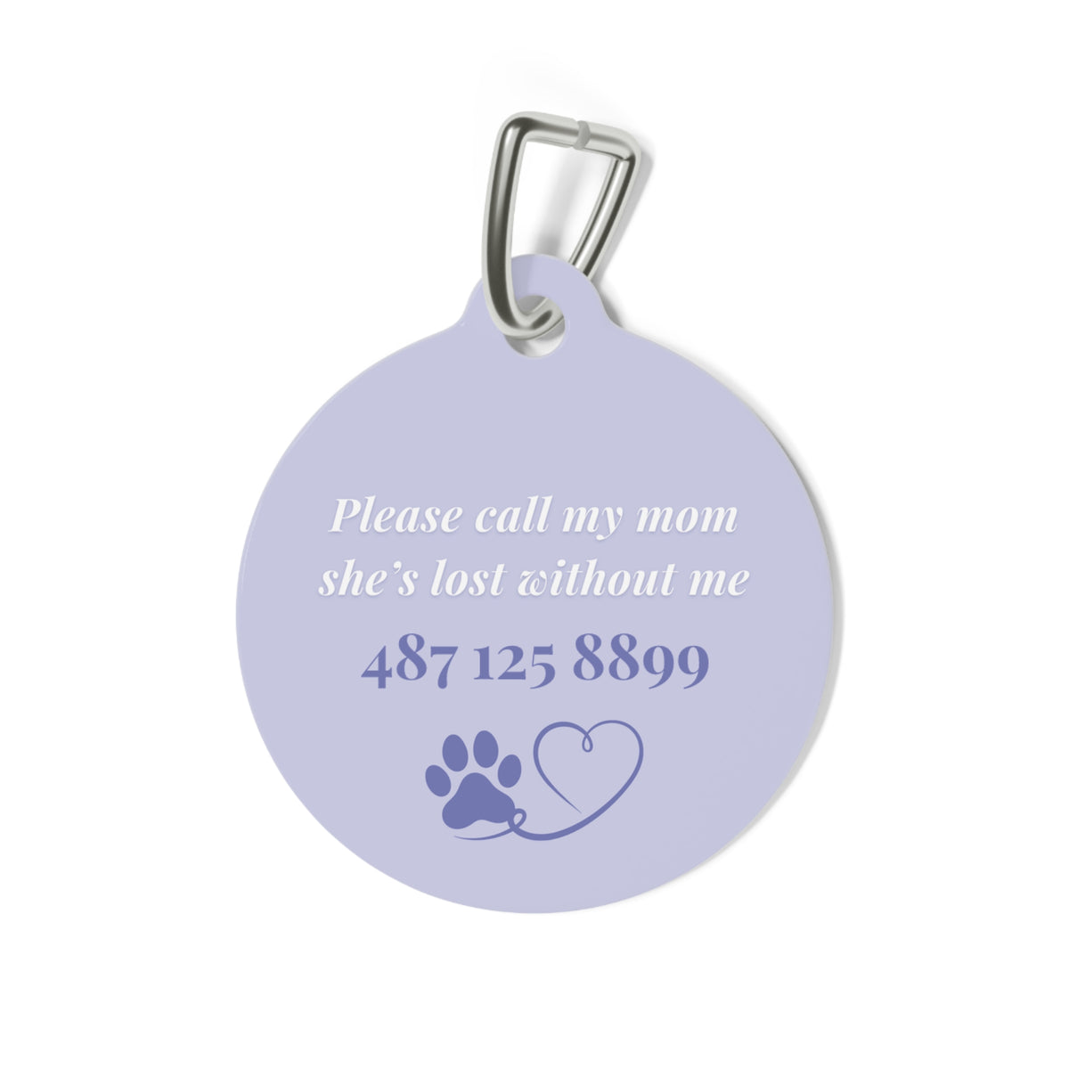 Back of the lavender pet tag with printed contact message, a paw print and a heart