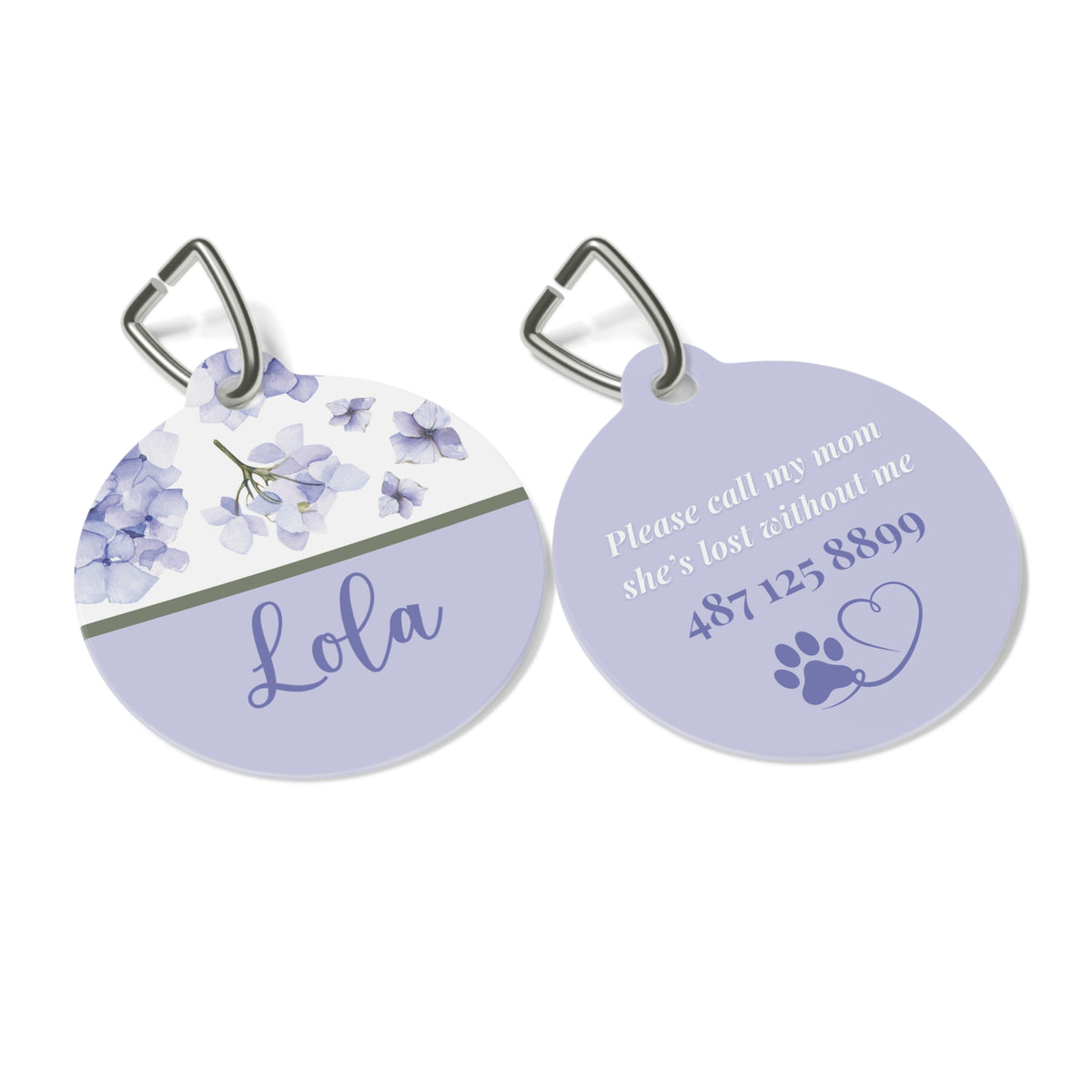 Front and back of the lavender hydrangea personalized pet tag side by side