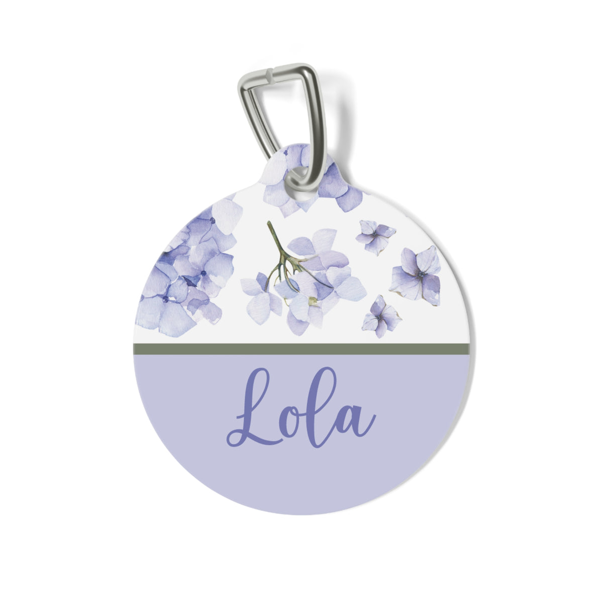 Lavender hydrangea personalized pet tag with the name Lola in script