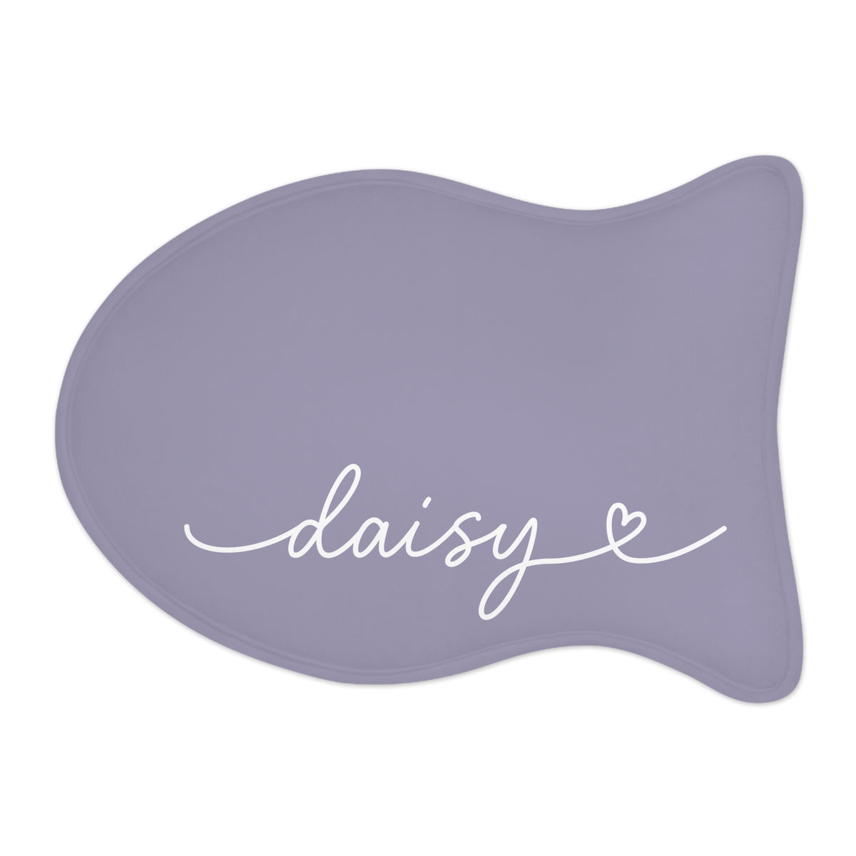 Lavender fish-shaped personalized pet feeding mat with the name Daisy in white handwritten script