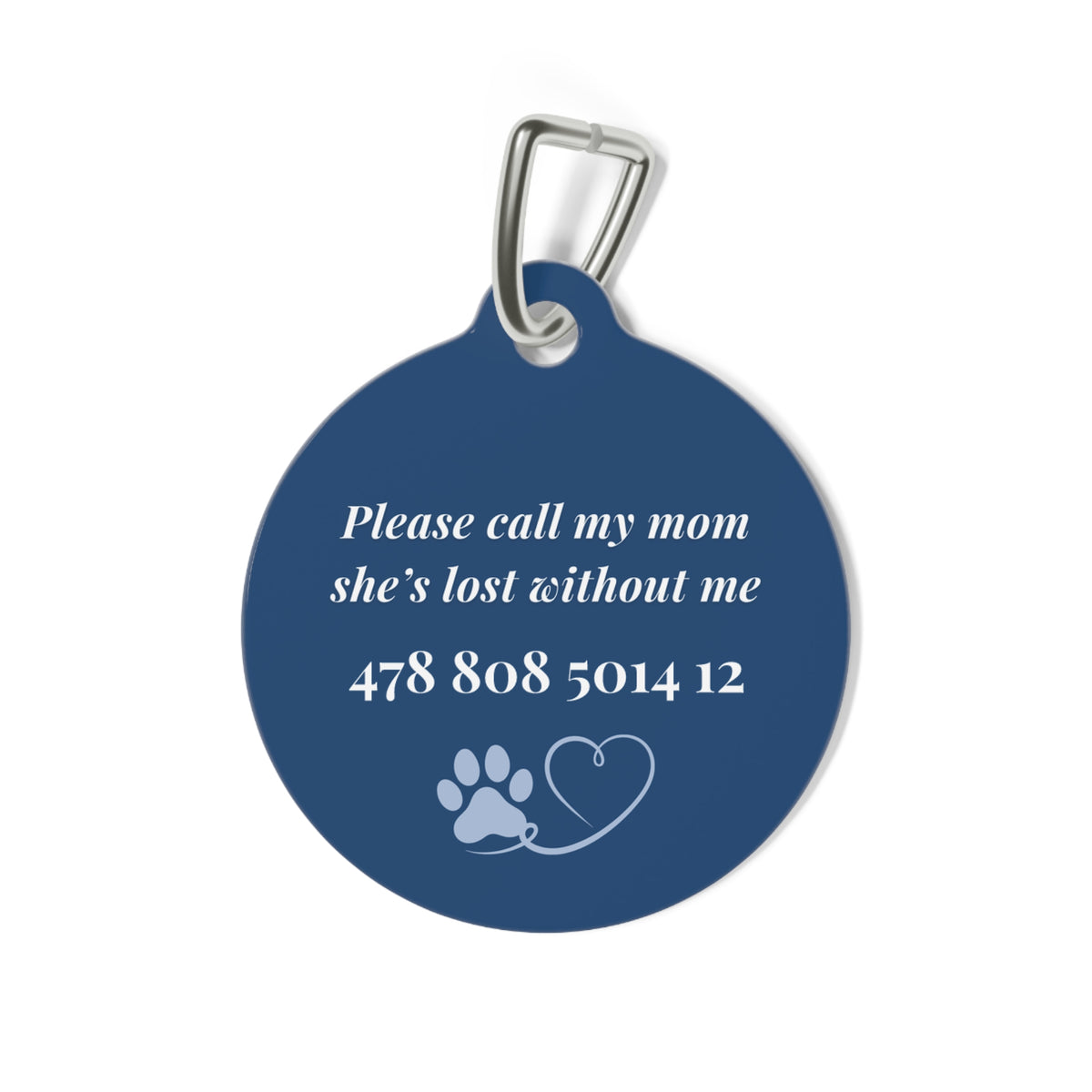 Back of the midnight blue personalized pet tag with a contact message, phone number and paw print with heart