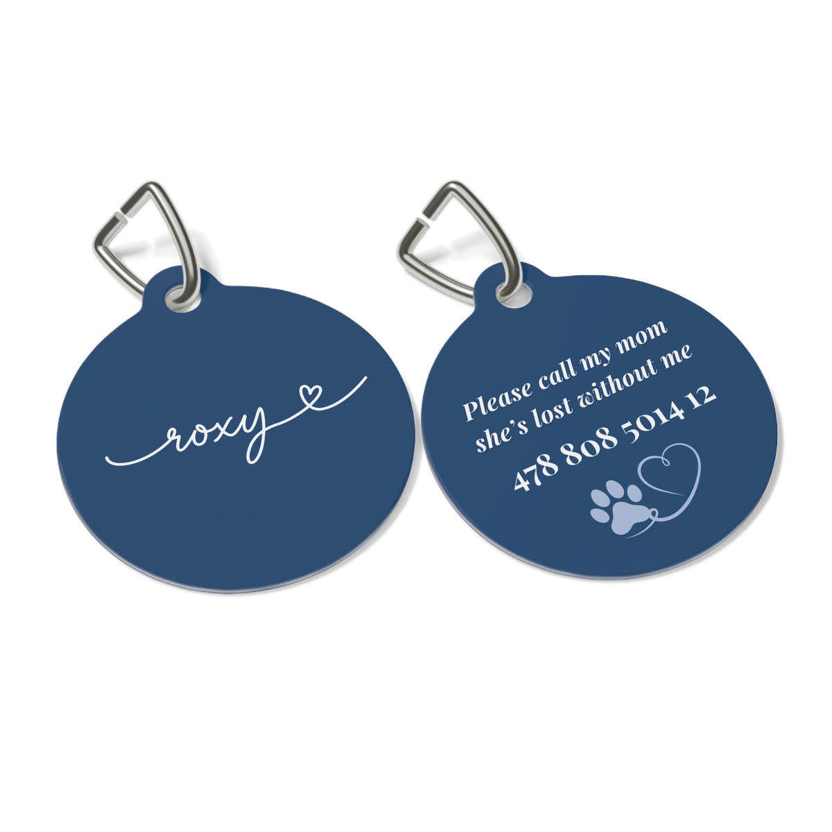 Front and back of the midnight blue personalized pet tag side by side