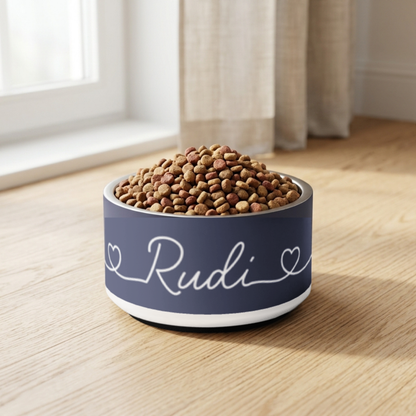 Navy blue personalized dog bowl with kibble on a light wooden floor by a window