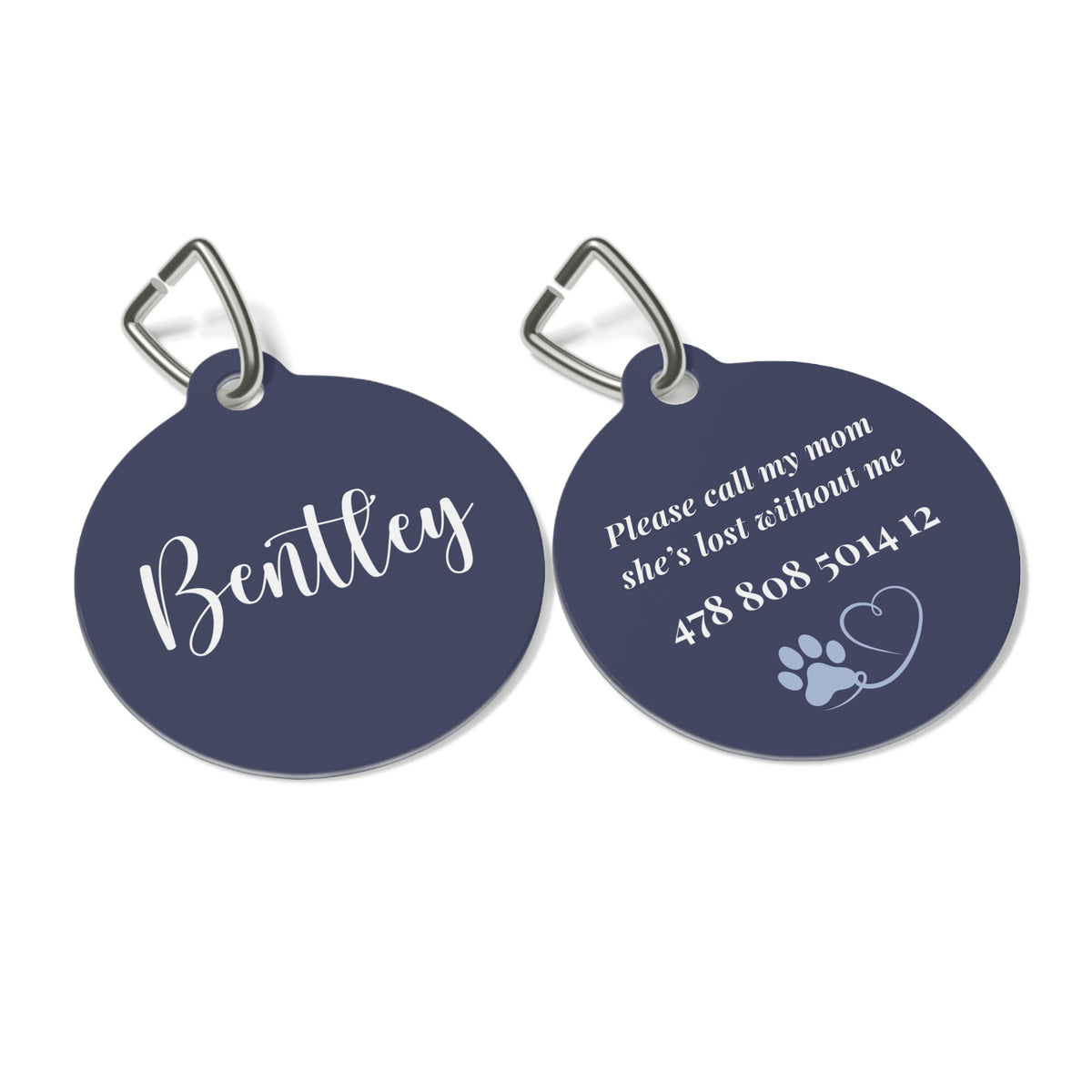 Front and back of the navy blue personalized pet tag side by side