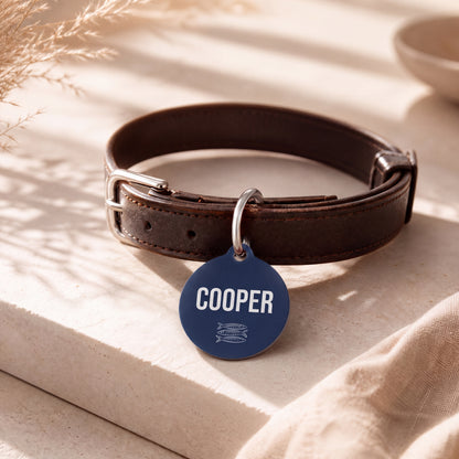 Navy sardine pet tag hanging from a dark brown leather dog collar