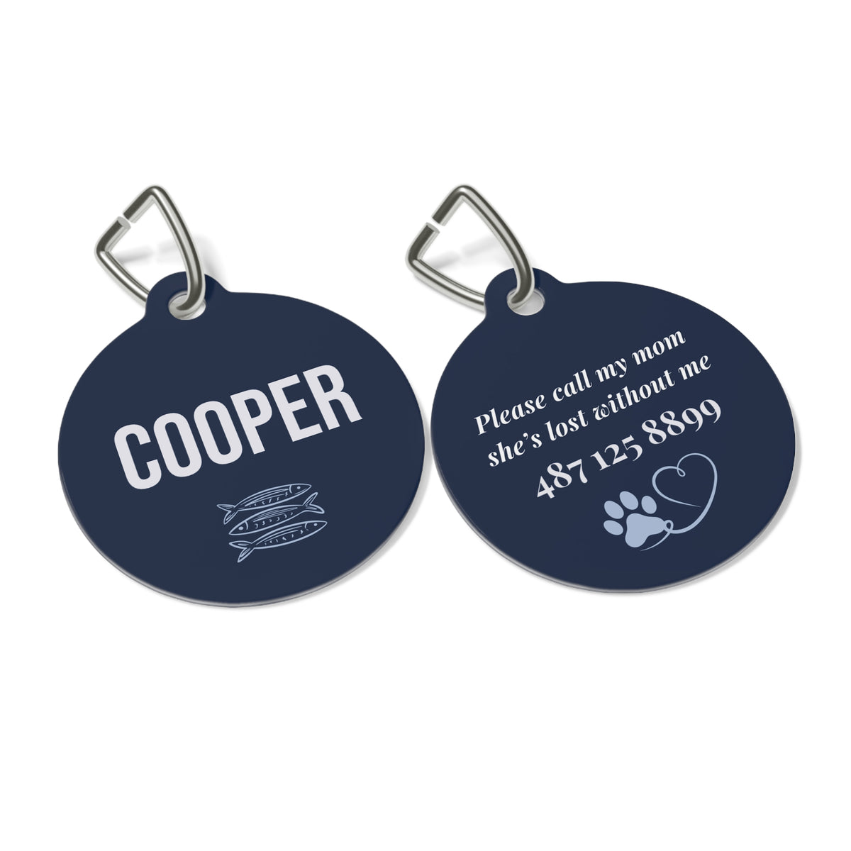 Front and back of the navy sardine personalized pet tag side by side