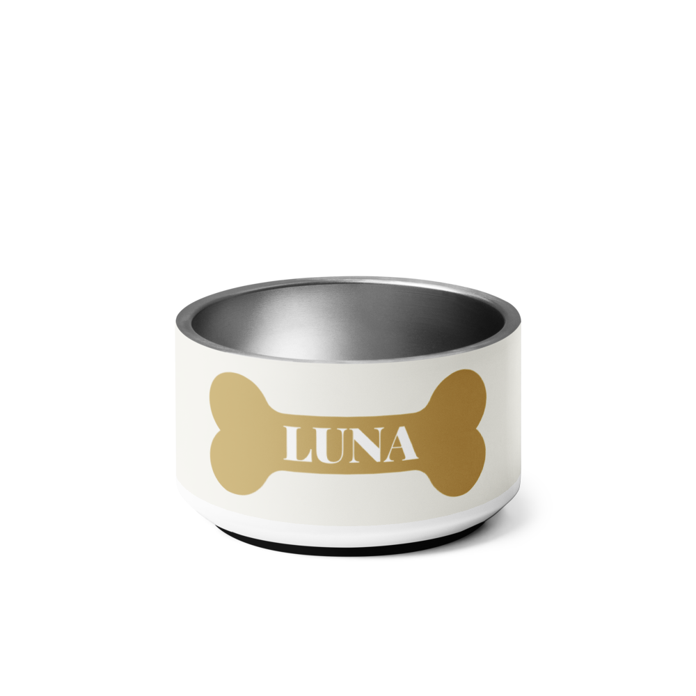 18 oz off-white personalized dog bowl with the name Luna on a gold bone
