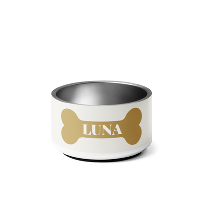 18 oz off-white personalized dog bowl with the name Luna on a gold bone