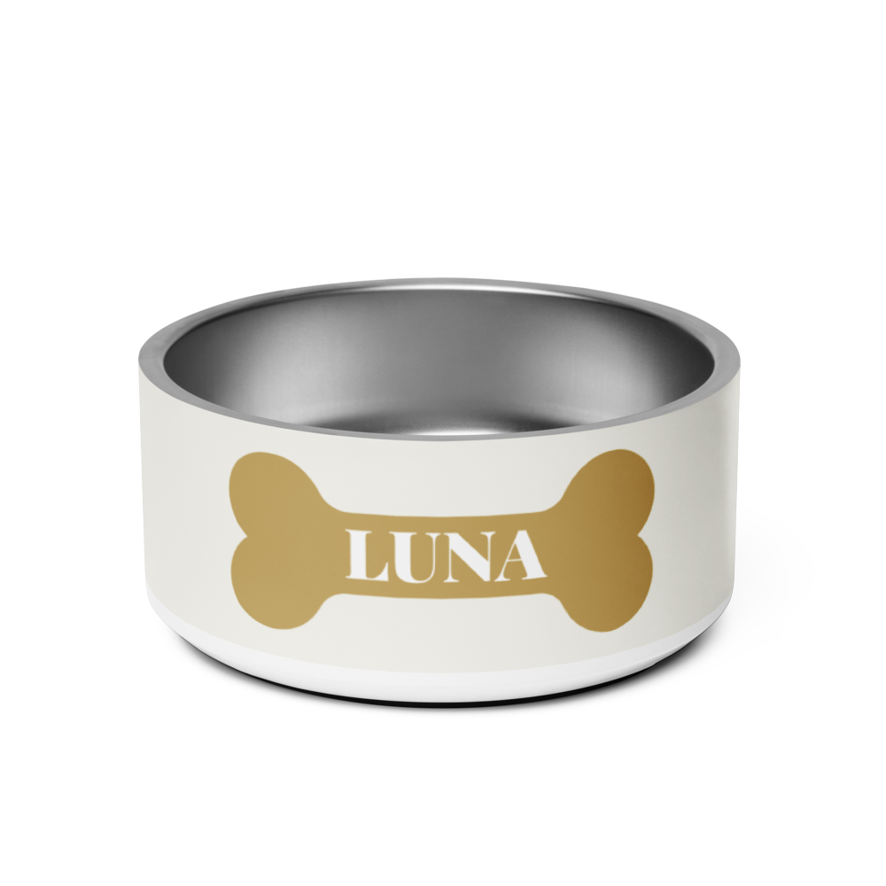 Off-white personalized dog bowl with the name Luna in white on a gold bone