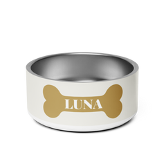Off-White Gold Bone Personalized Dog Bowl – Custom Name Stainless Steel Dog Food & Water Bowl