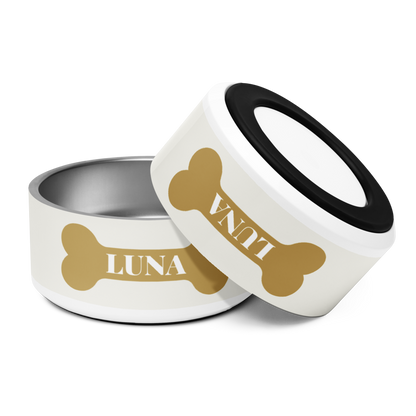 Off-white gold bone personalized dog bowl with the name Luna and its removable anti-slip base