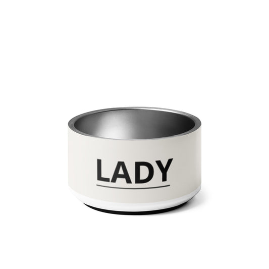 Off-white modern personalized stainless steel dog bowl 18 oz with the name Lady in black capitals