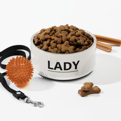 Large off-white modern personalized dog bowl with kibble, a leash, a ball and dog treats