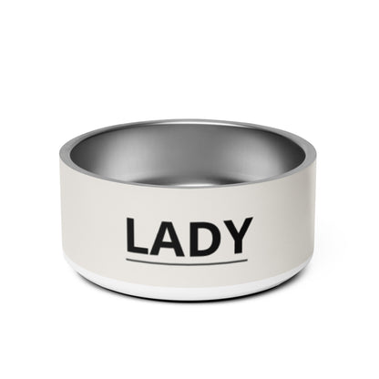 Off-white modern personalized stainless steel dog bowl 32 oz with the name Lady in black capitals