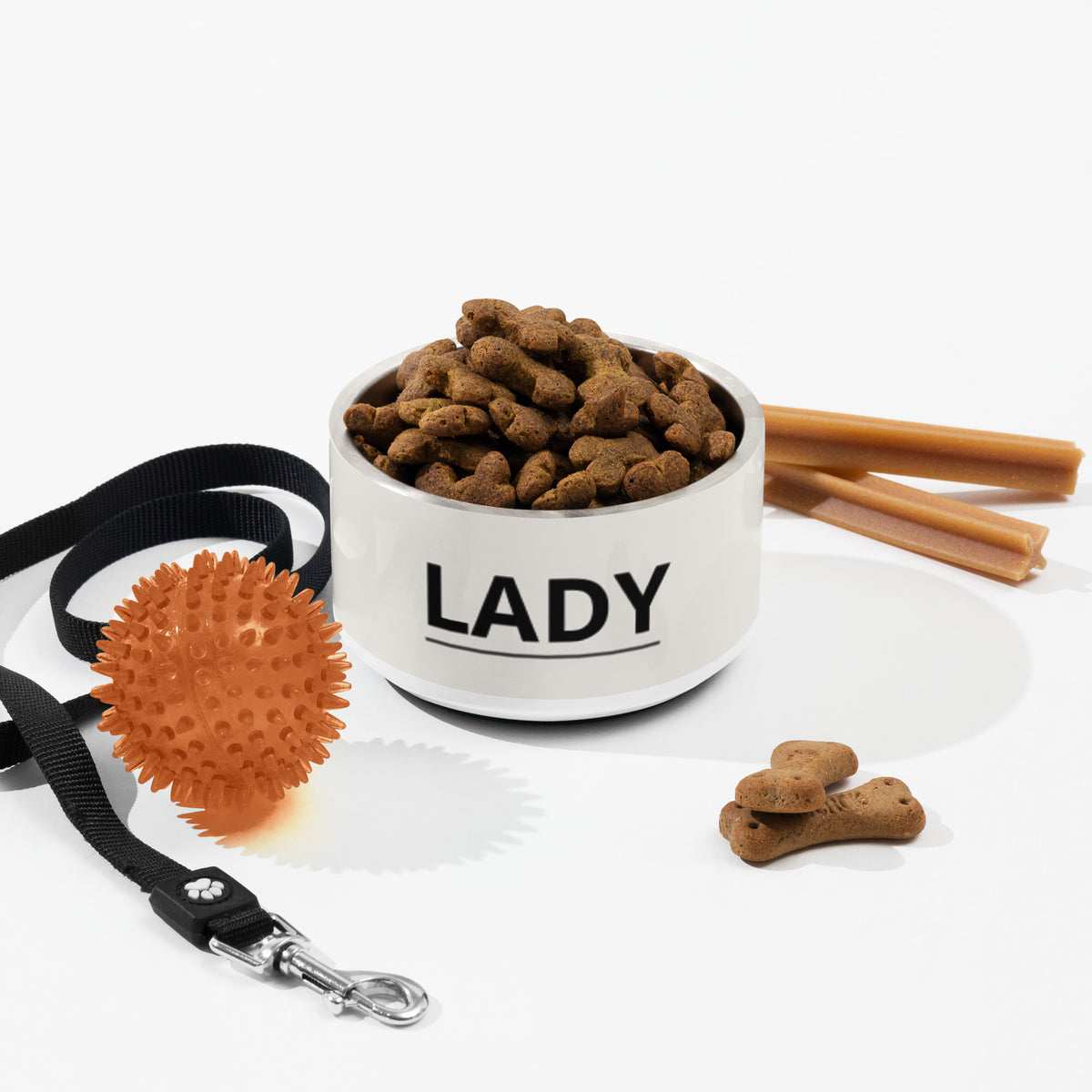 Off-white modern personalized dog bowl with kibble, a leash, a ball and dog treats