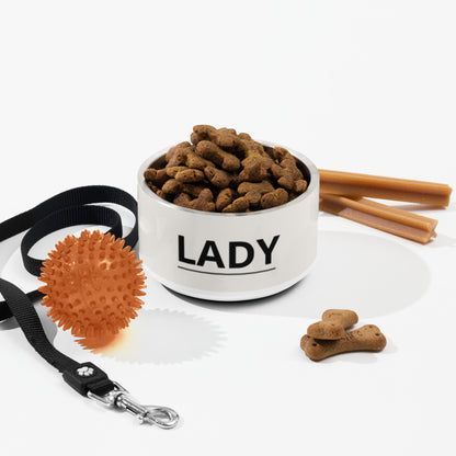 Off-white modern personalized dog bowl with kibble, a leash, a ball and dog treats