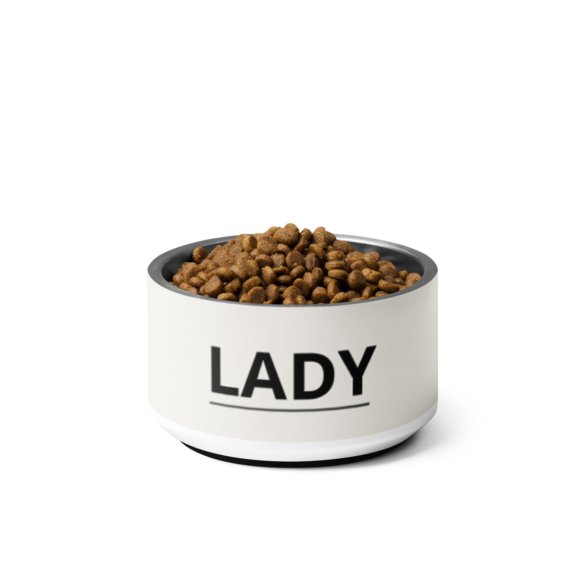 Off-white modern personalized dog bowl with the name Lady filled with kibble