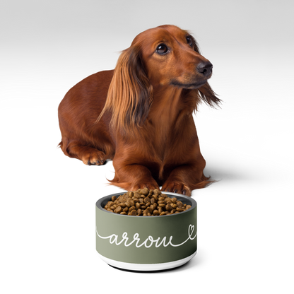Dachshund next to an olive green personalized dog bowl filled with kibble
