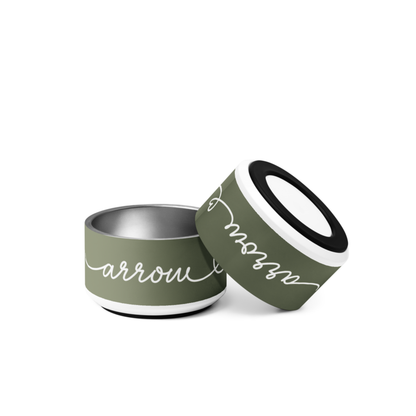 Pair of olive green personalized dog bowls with handwritten names, alternate angle