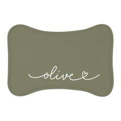 Olive Green Personalized Dog Bowl Mat – Bone Shaped Pet Feeding Mat