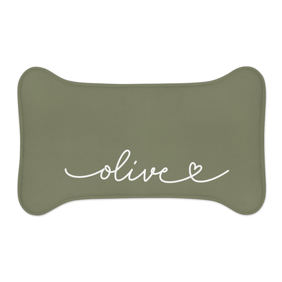 Small olive green bone-shaped personalized pet feeding mat with the name Olive in white script