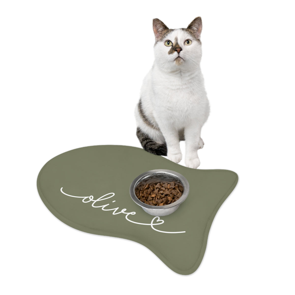 Cat sitting on an olive green fish-shaped personalized pet feeding mat next to a food bowl