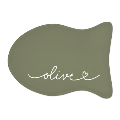 Olive green fish-shaped personalized pet feeding mat with the name Olive in white handwritten script