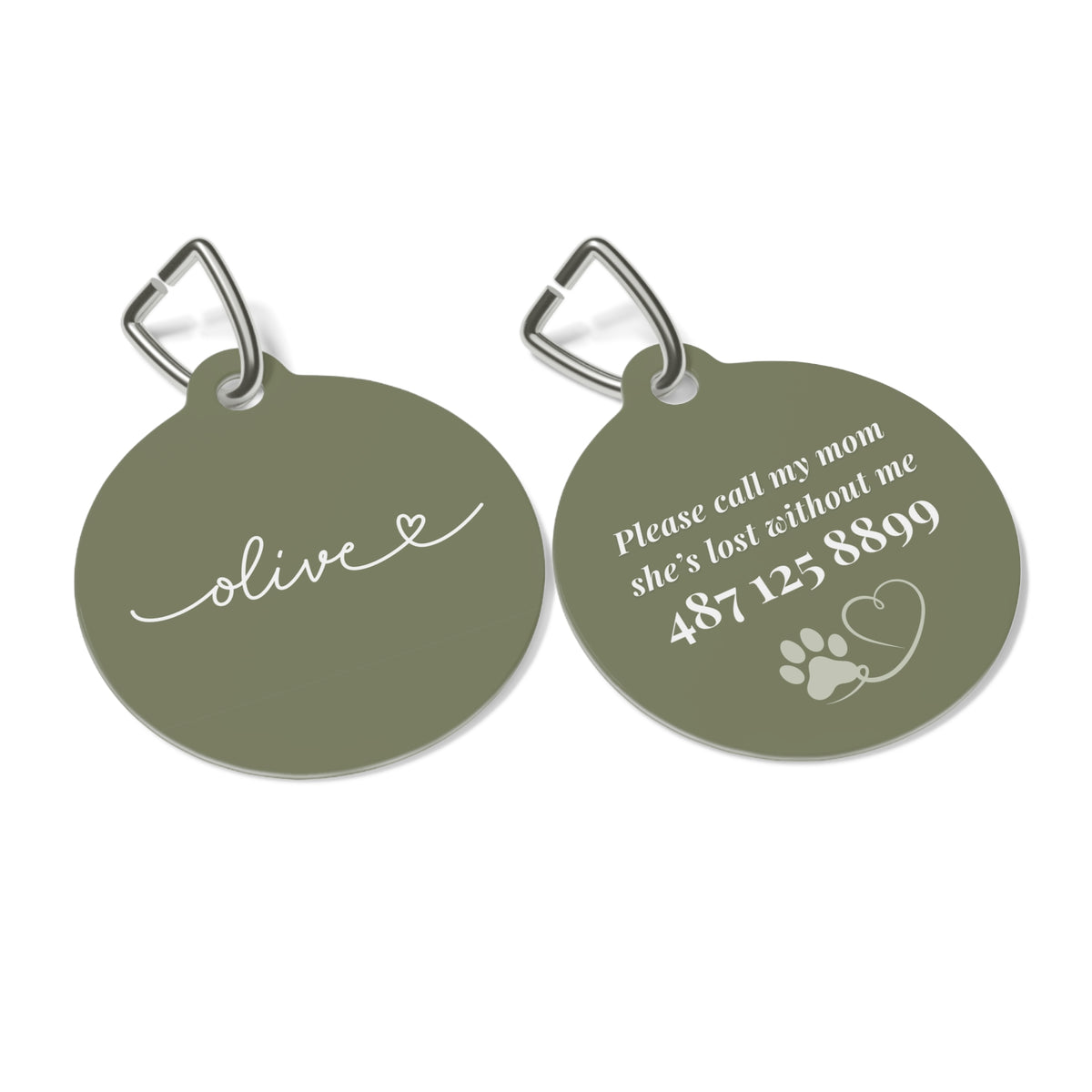 Front and back of the olive green personalized pet tag side by side