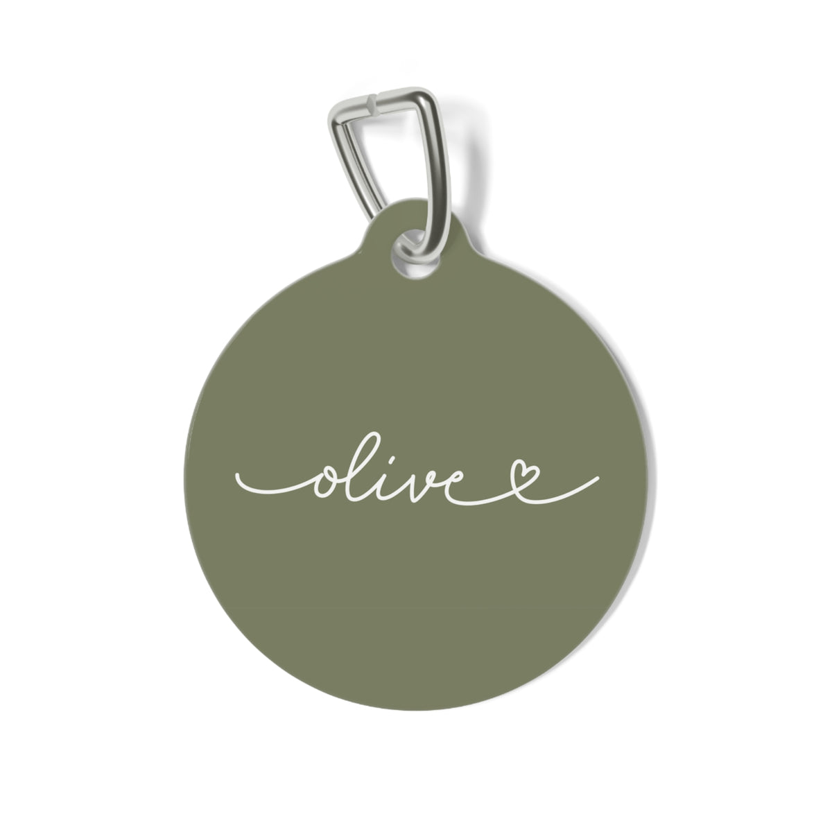 Round olive green personalized pet tag with the name Olive in white handwritten script and a small heart