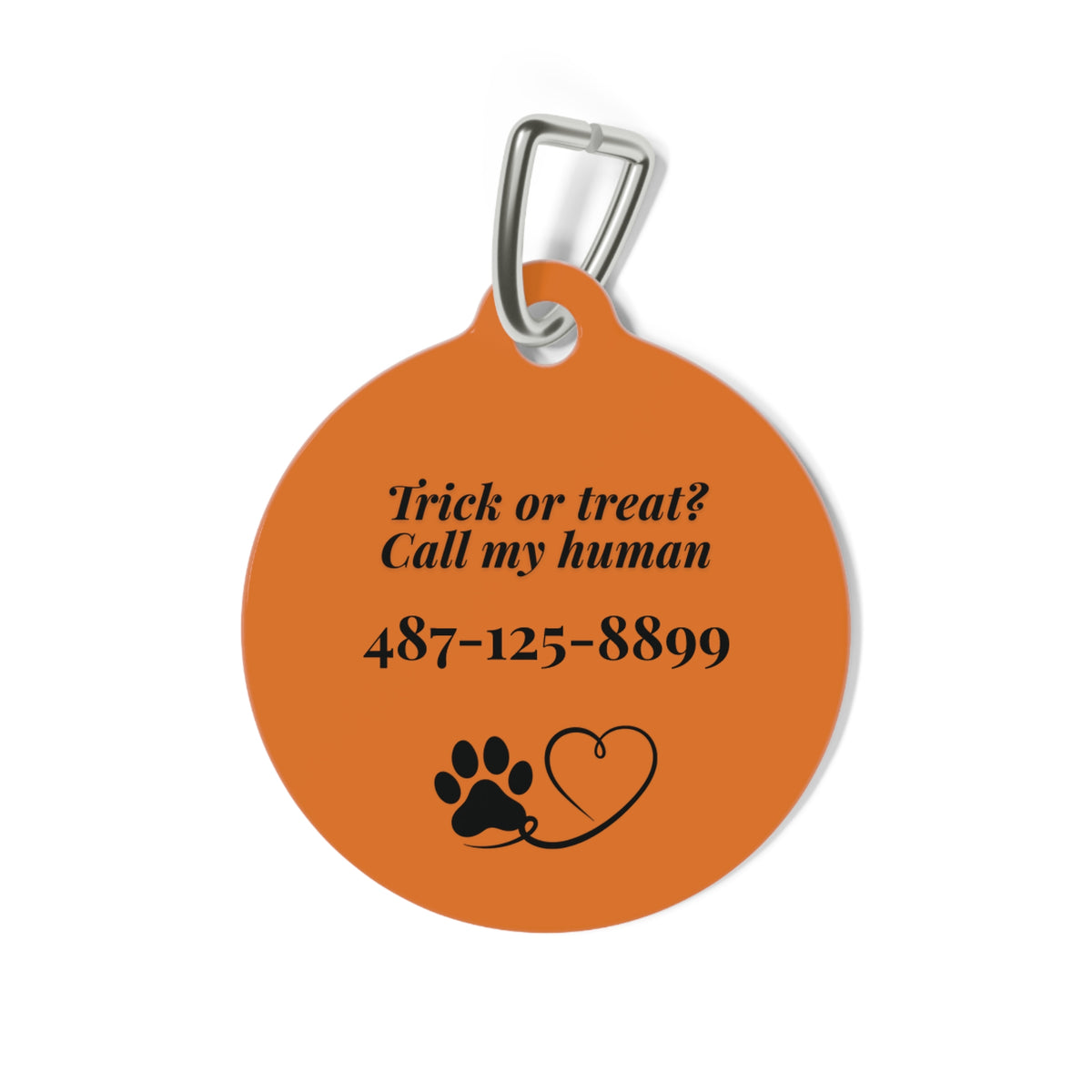 Back of orange bat personalized dog tag with Trick or treat? Call my human, phone number and a paw and heart