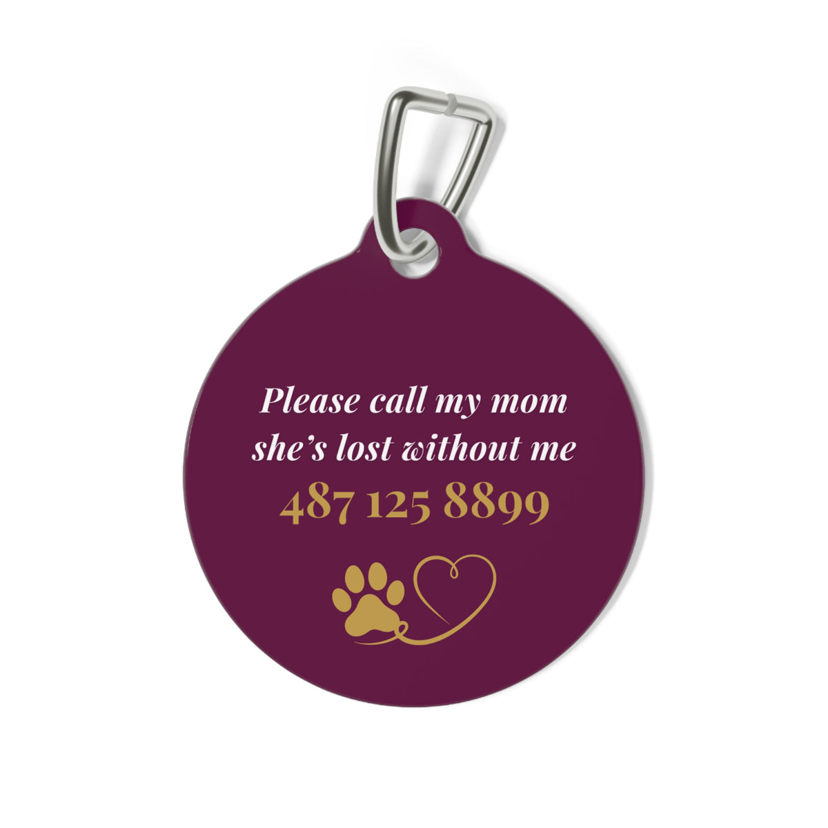 Back of the burgundy clover pet tag showing the contact message with paw and heart icons