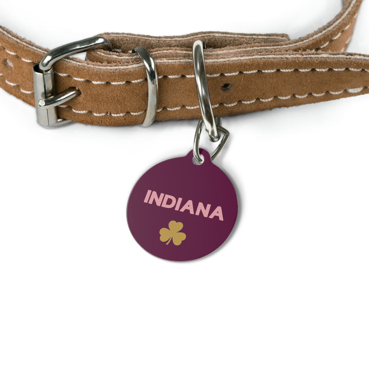 Burgundy clover name tag attached to a tan leather dog collar