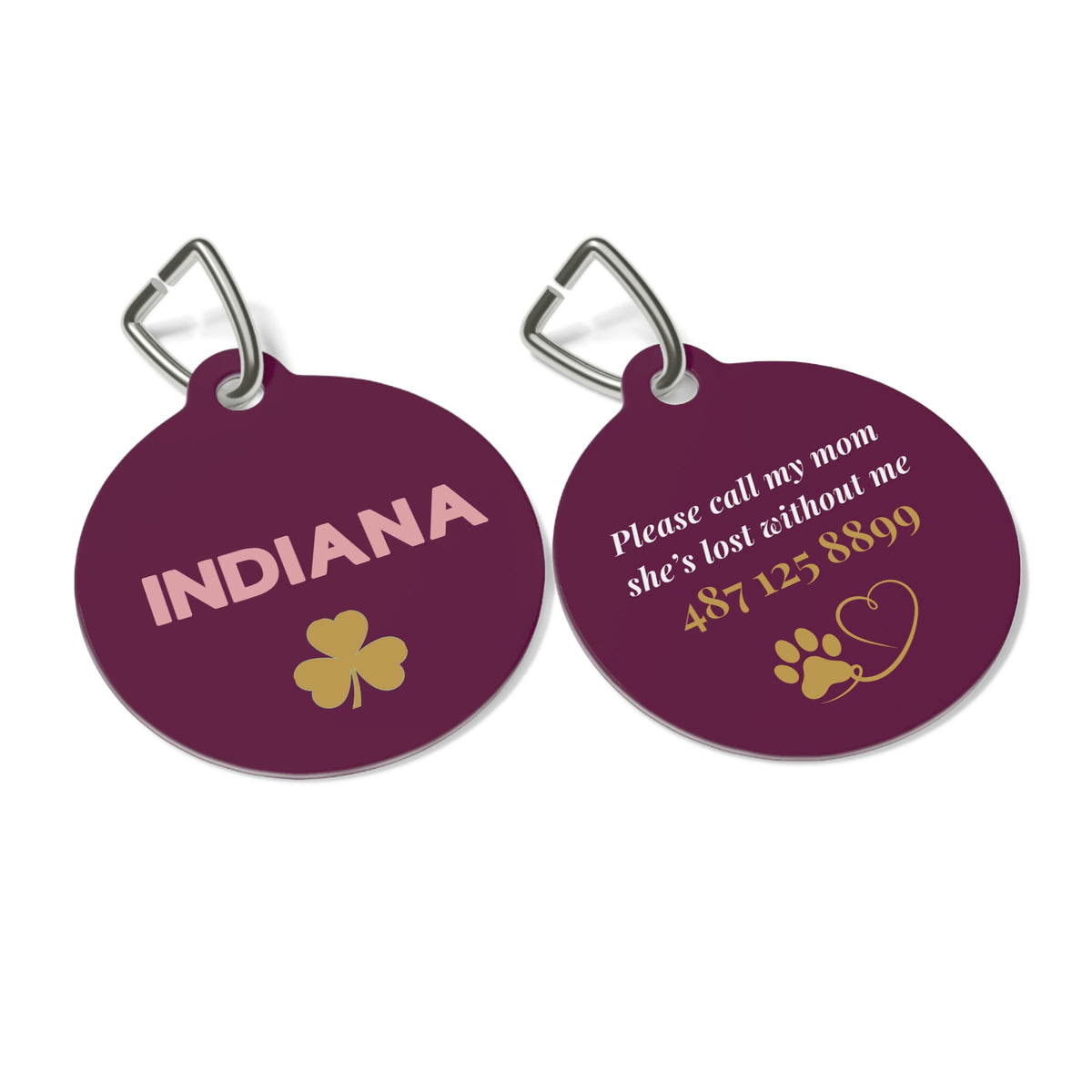 Front and back of the burgundy clover personalized pet tag shown side by side