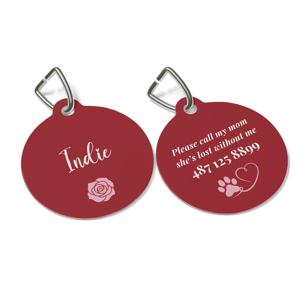 Front and back of the burgundy personalized pet tag shown side by side