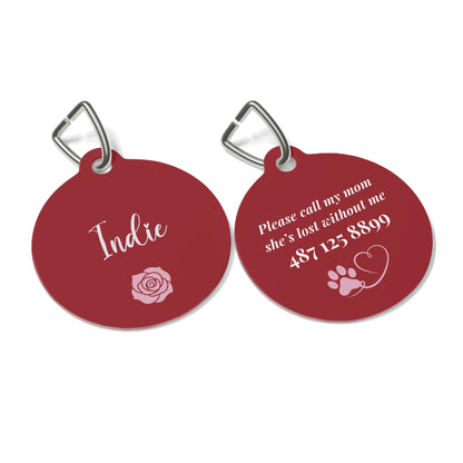 Front and back of the burgundy personalized pet tag shown side by side