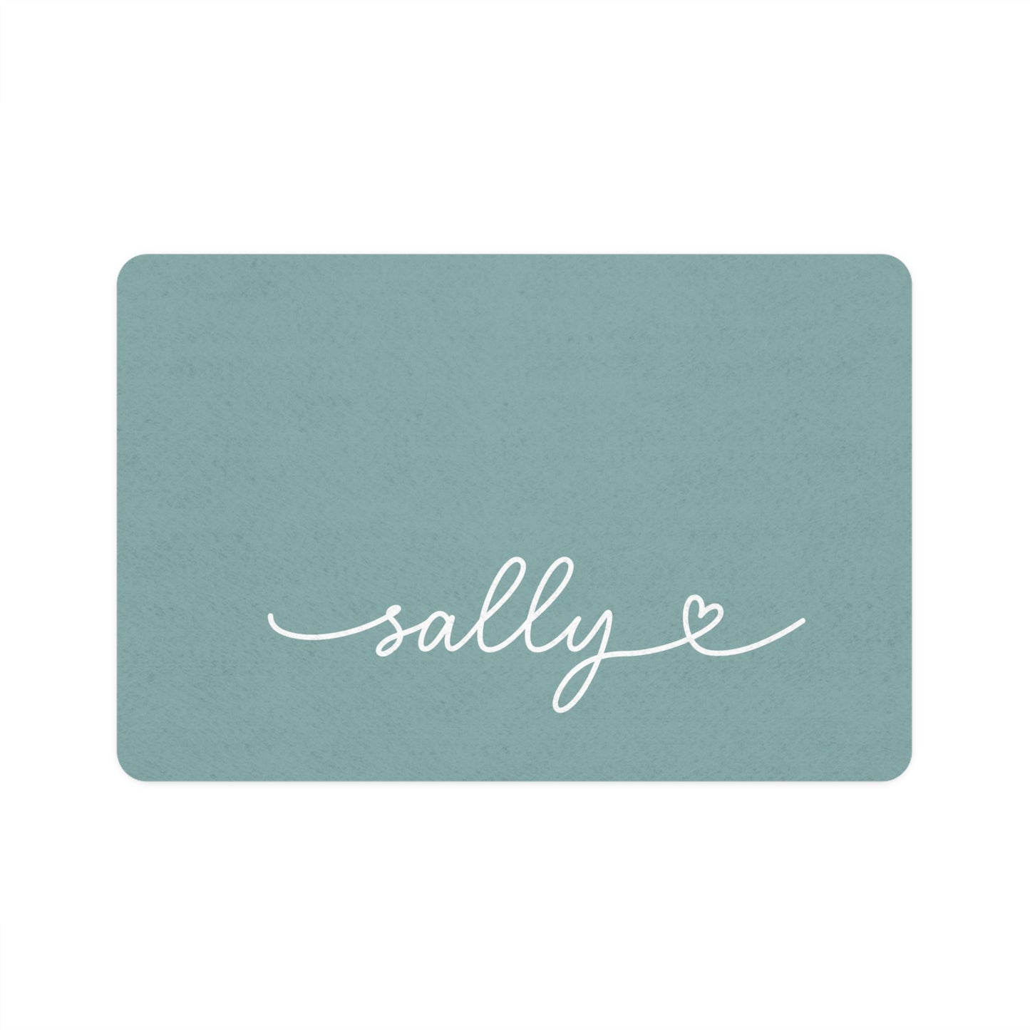 Personalized eucalyptus green dog food mat with pet name in handwritten script