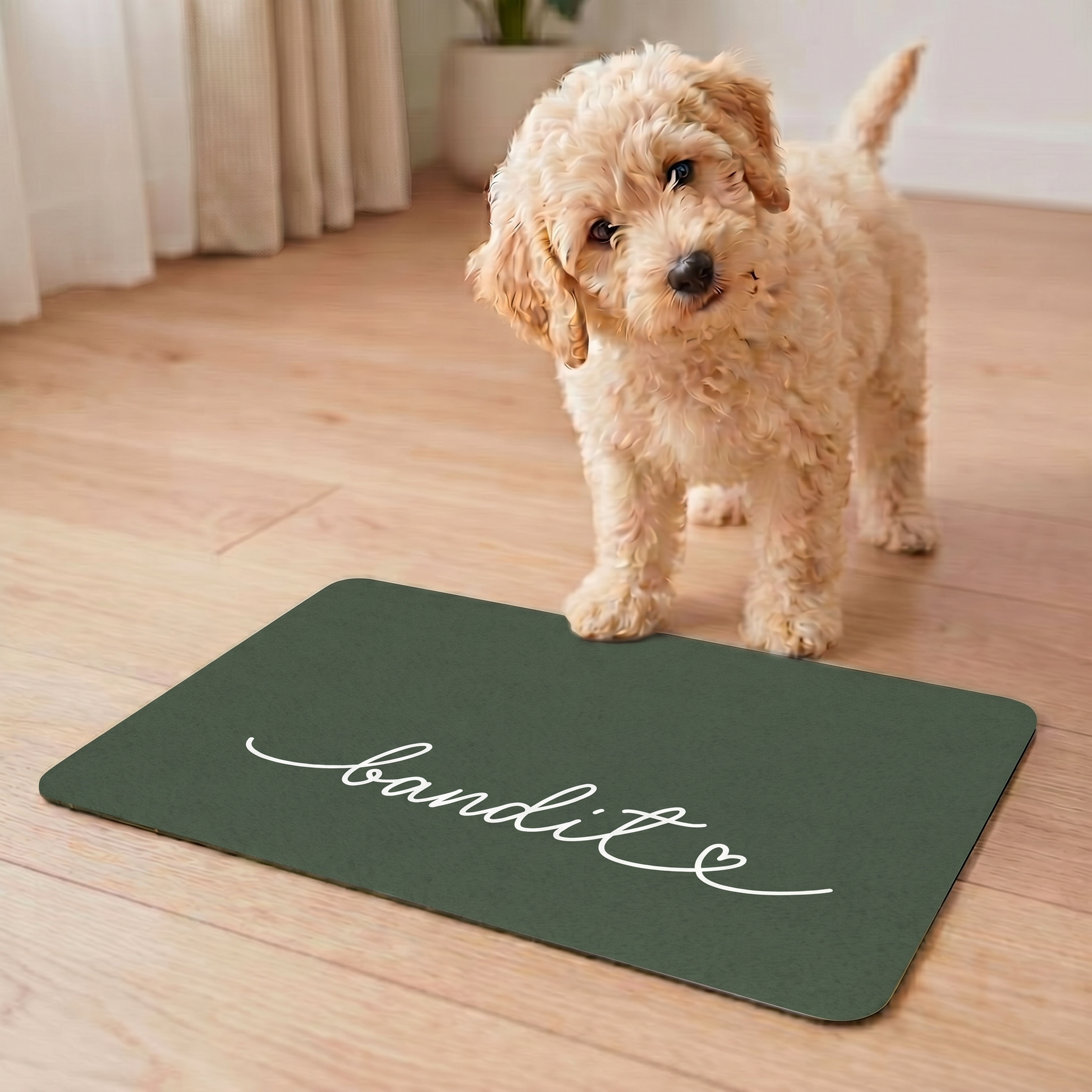 Close-up of handwritten name personalization on forest green dog food mat
