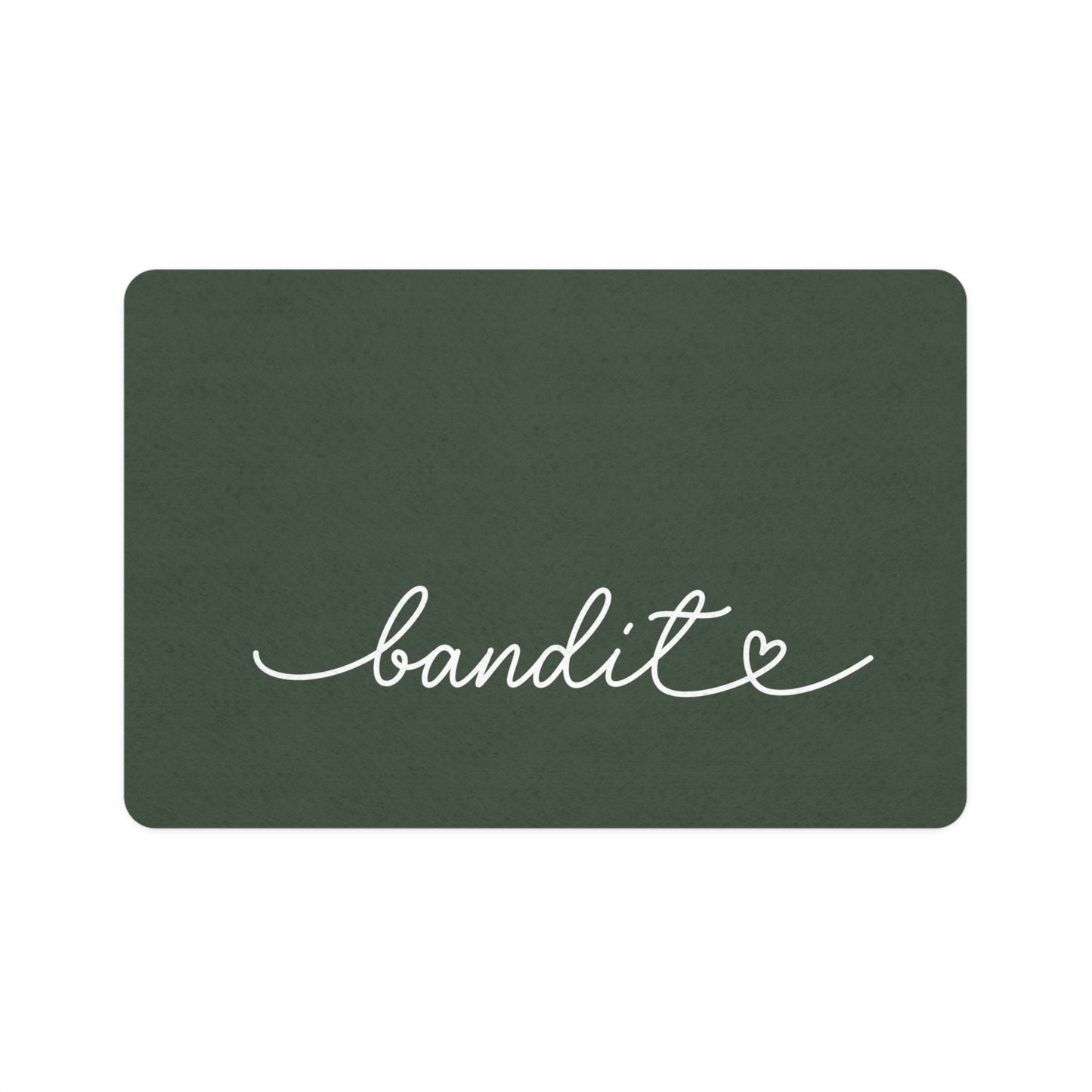 Personalized forest green rectangle dog food mat with pet name in handwritten script