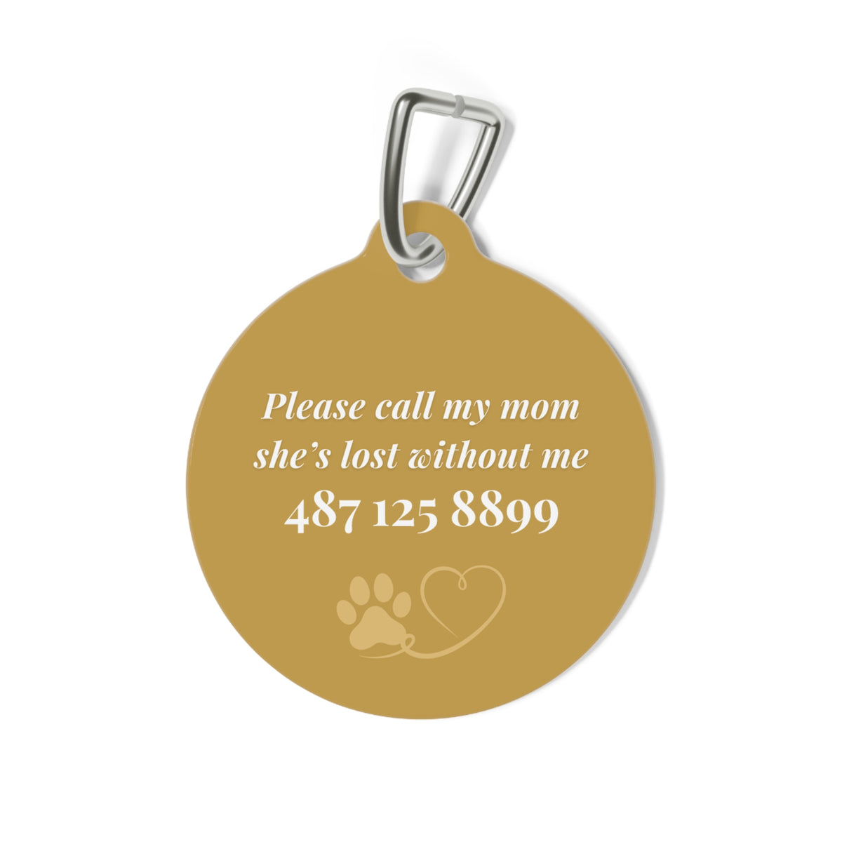 Back of the golden pet tag showing the contact message with paw and heart icons