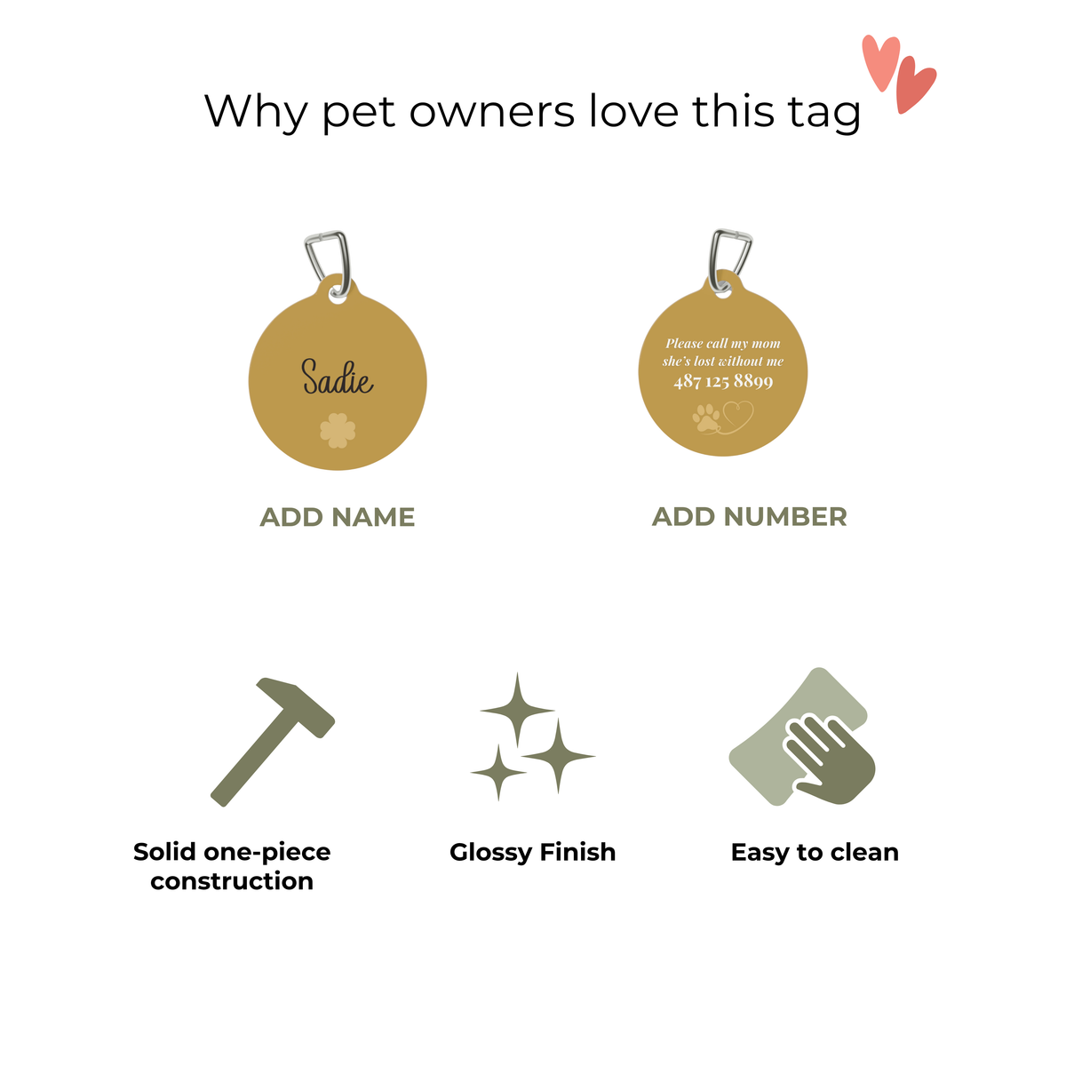 Overview of the pet tag: one-piece coated metal, glossy finish and easy to wipe clean