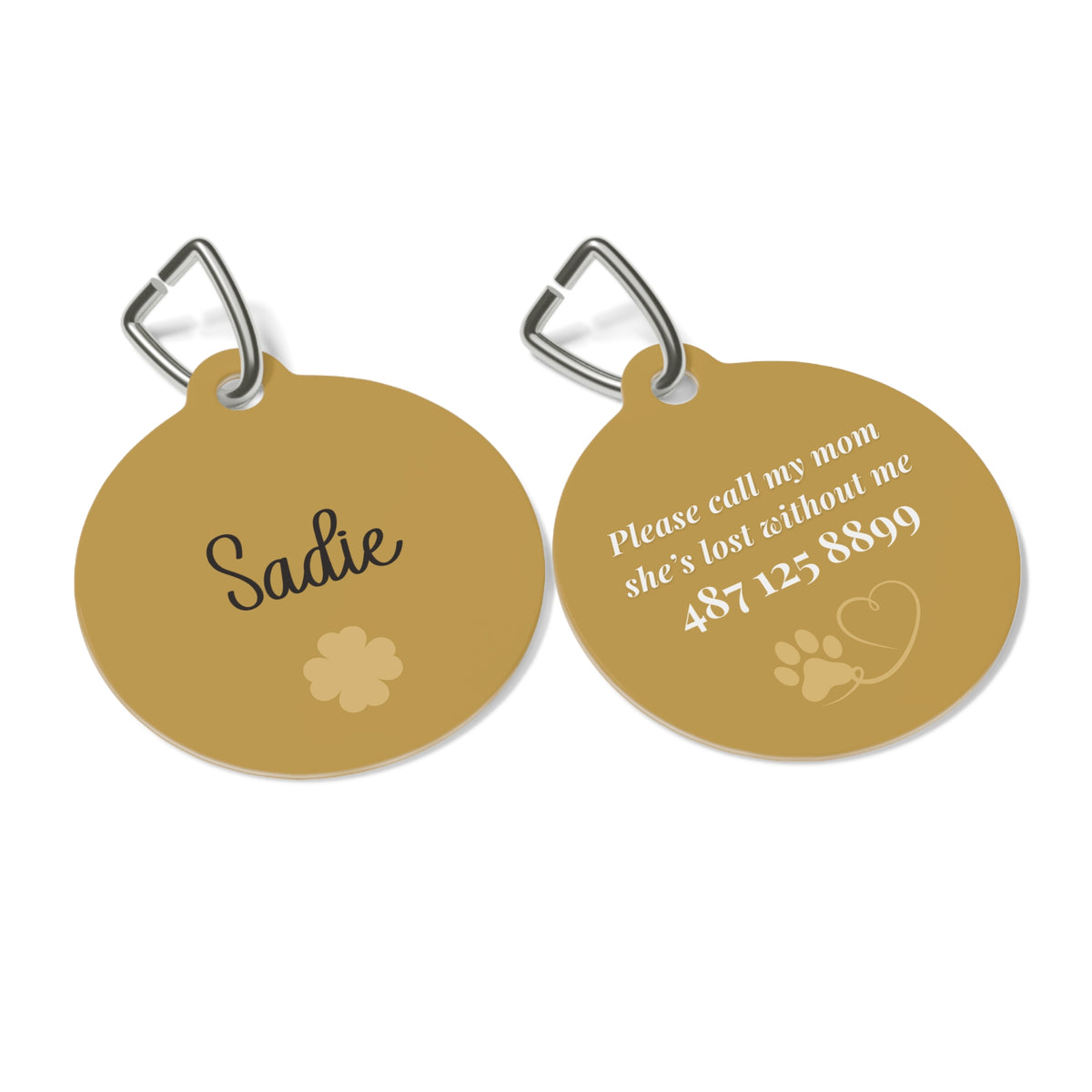 Front and back of the golden clover personalized pet tag shown side by side