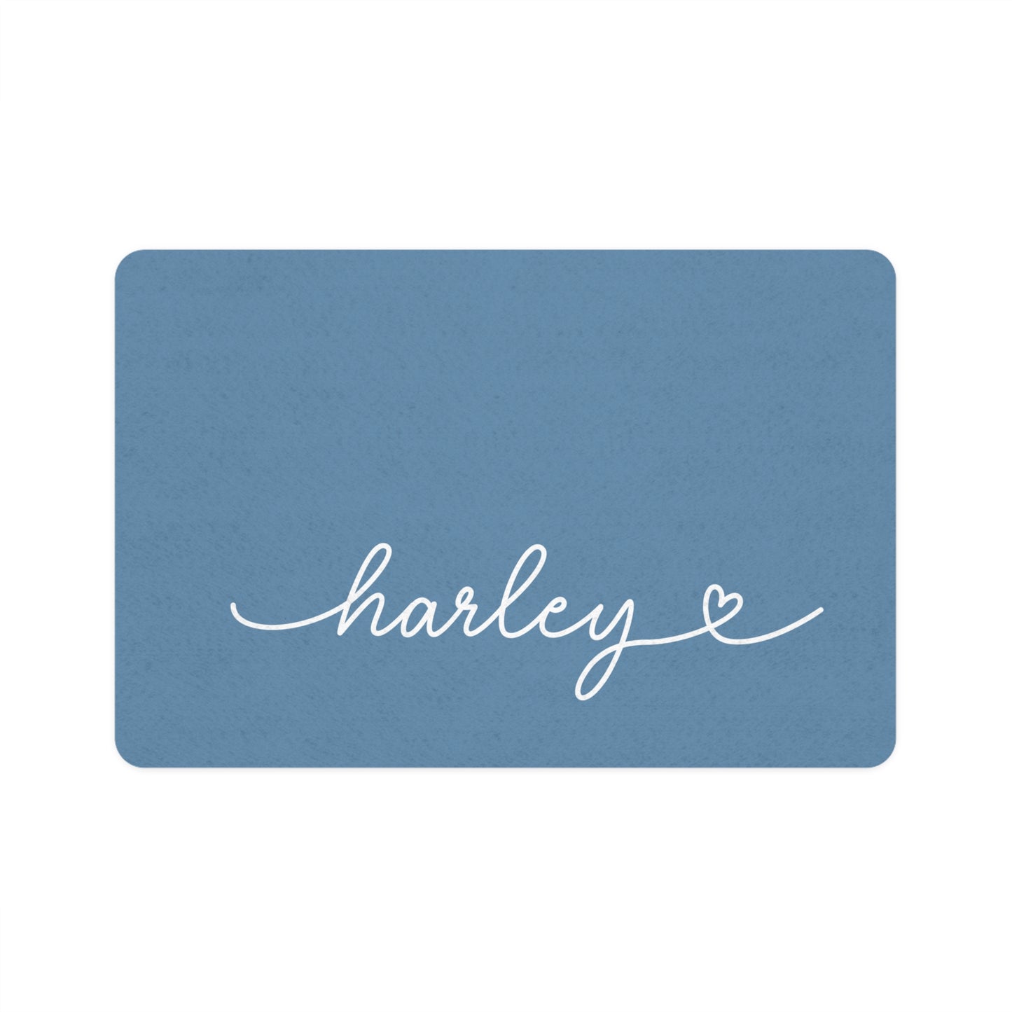 Personalized jeans blue rectangle dog food mat with pet name in handwritten script