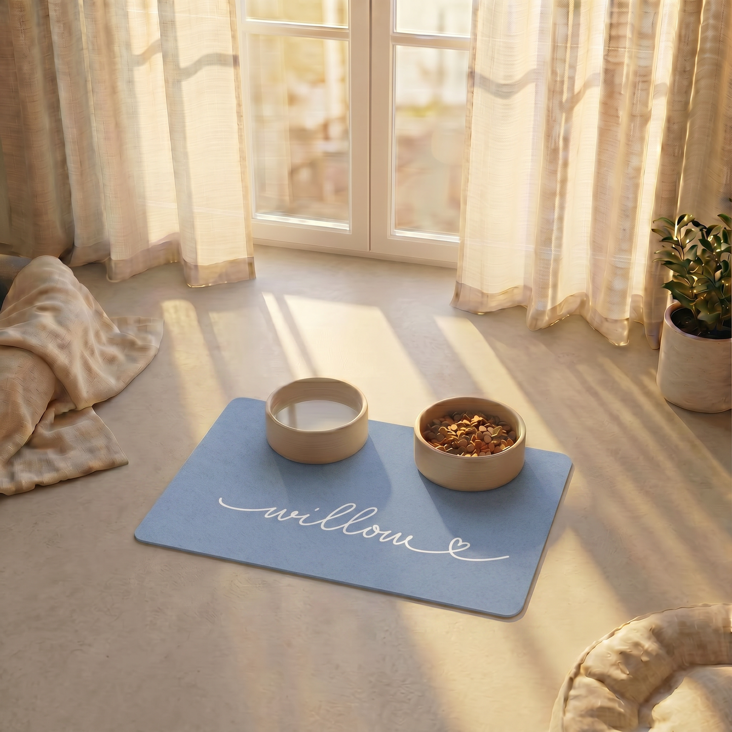 Close-up of handwritten name personalization on lavender dog food mat
